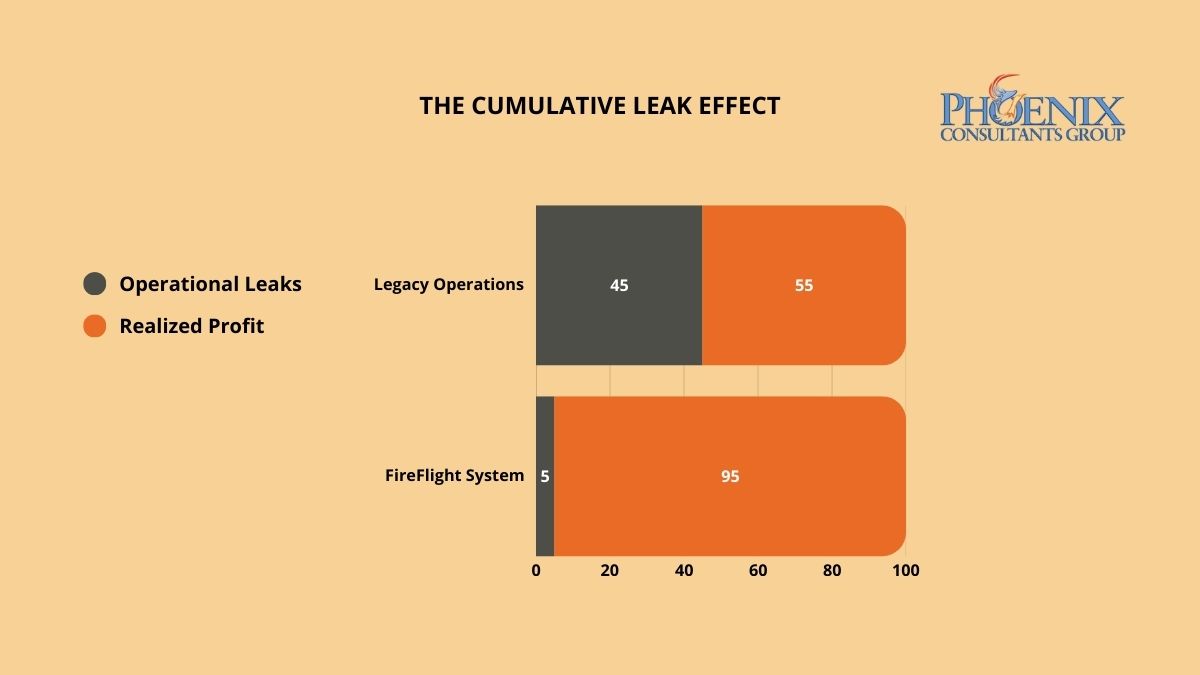 Horizontal bar chart showing a comparison of operational leaks (45% vs 5%) and realized profit between legacy operations and FireFlight Data System.