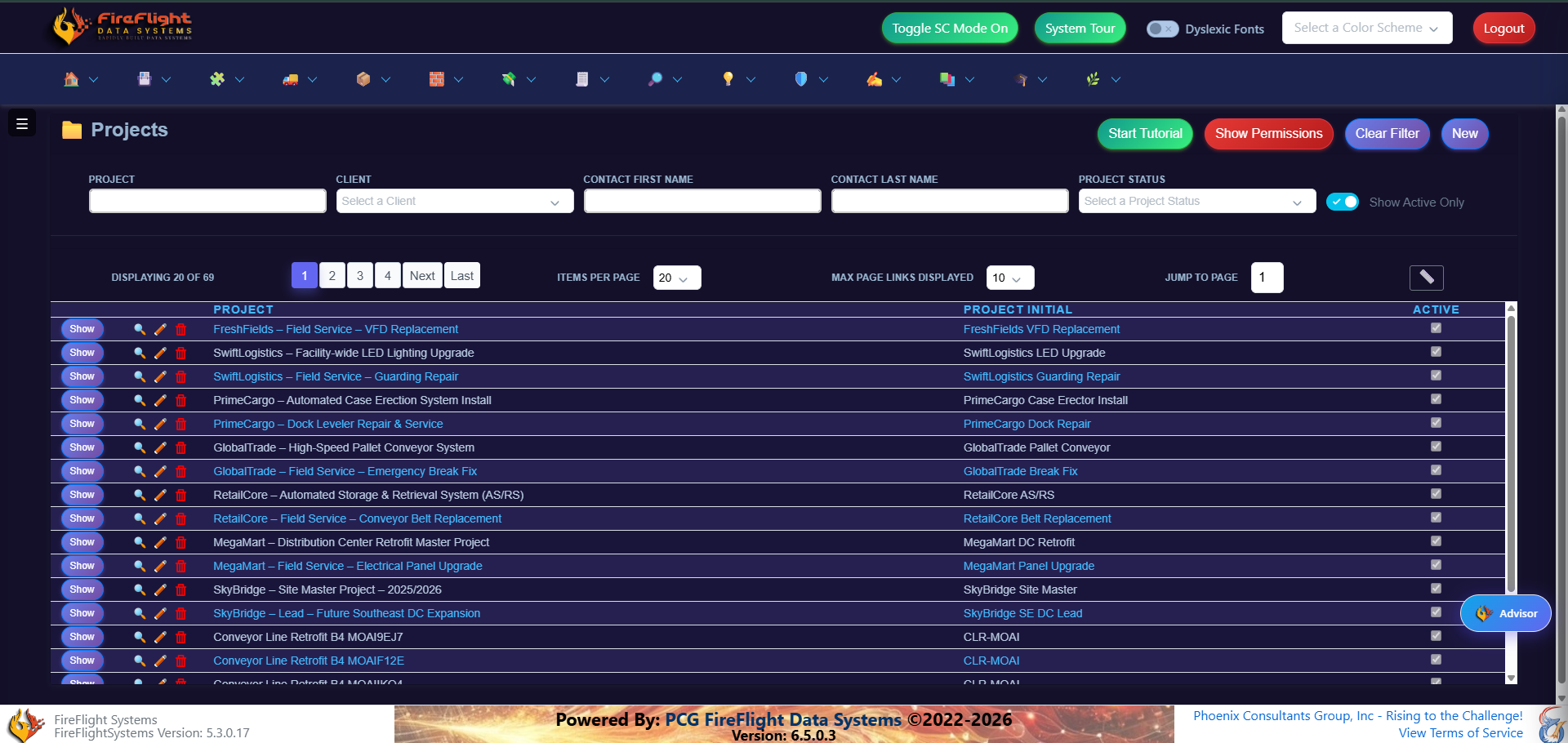 FireFlight Projects list showing active jobs with contract and current dates
