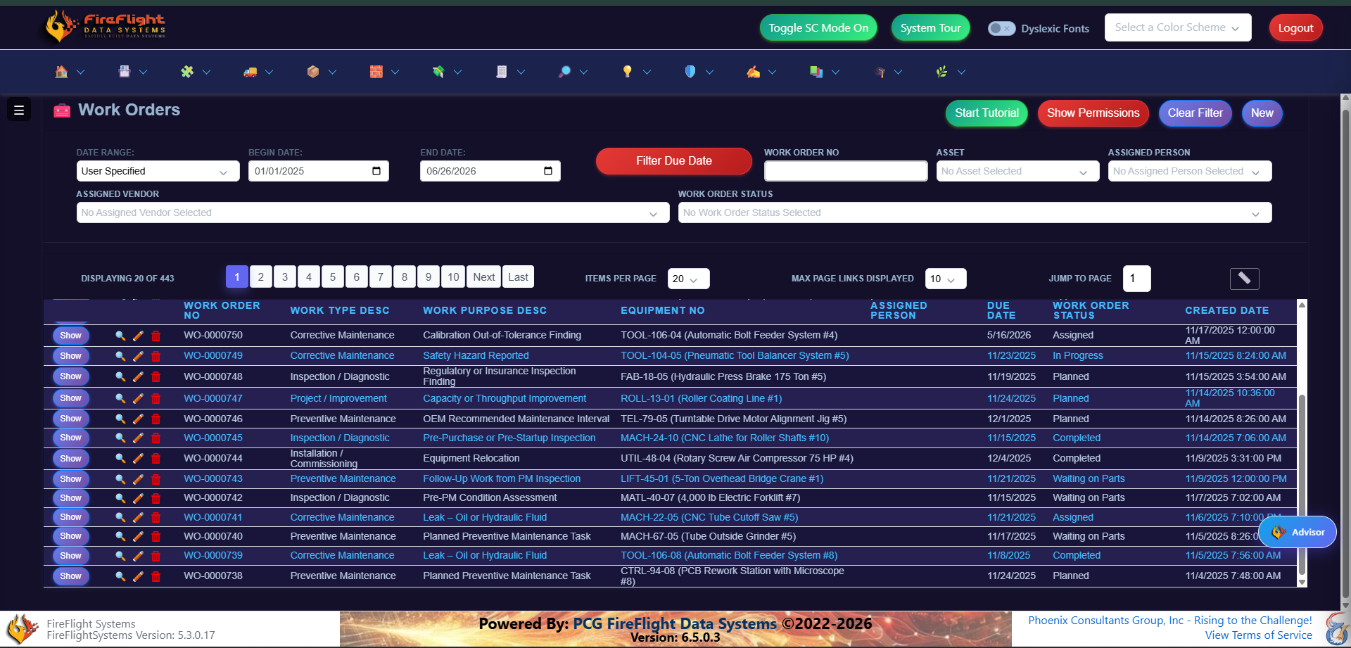 FireFlight Work Orders view showing order status, equipment, due dates, and work type