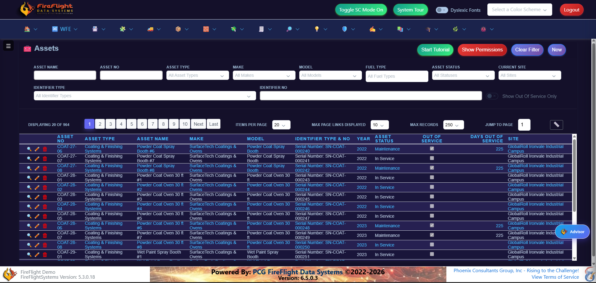 FireFlight Assets view listing equipment, status, and site