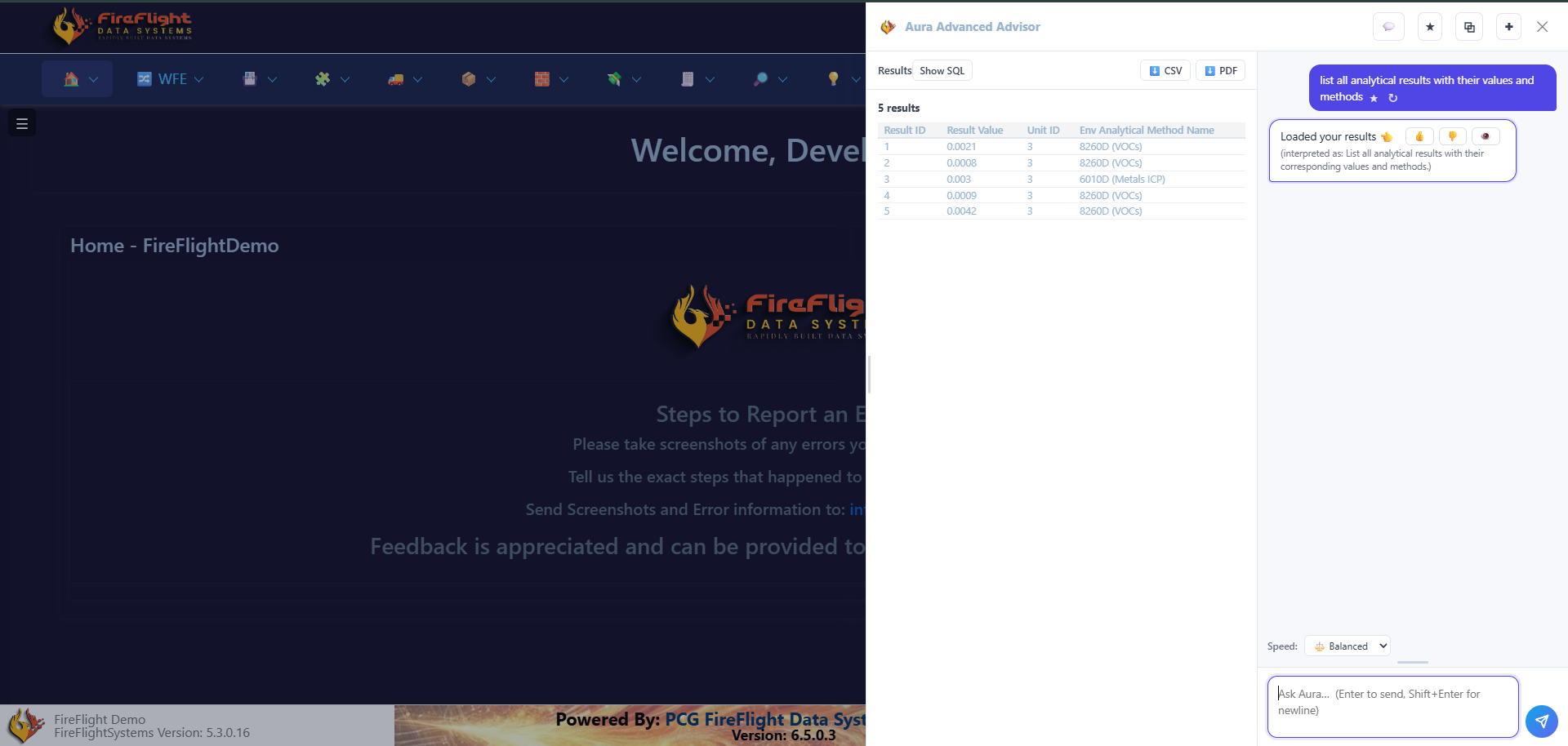FireFlight Advisor answering a plain-English request for analytical results, returning values and methods