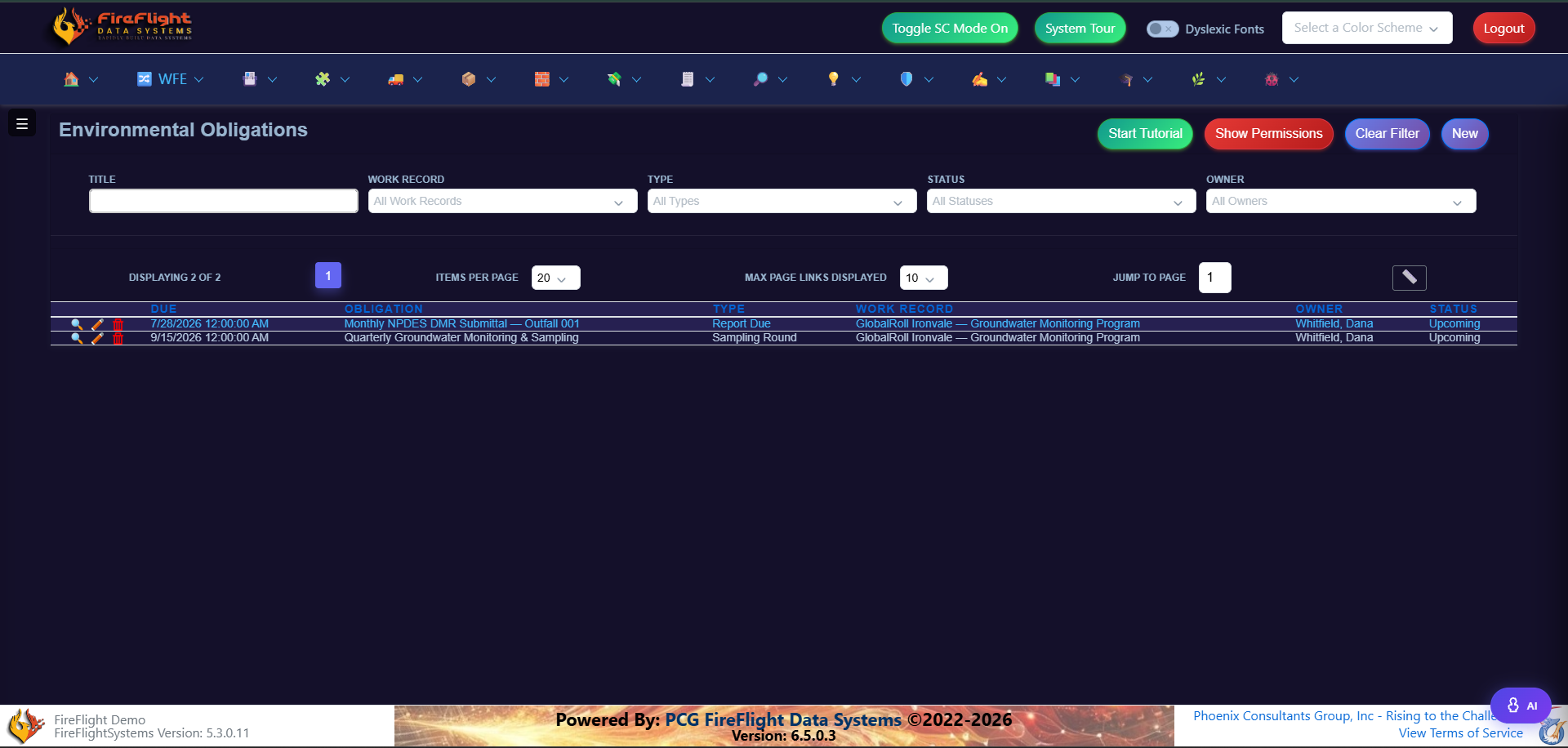 FireFlight environmental obligations list showing due dates, owners, and status