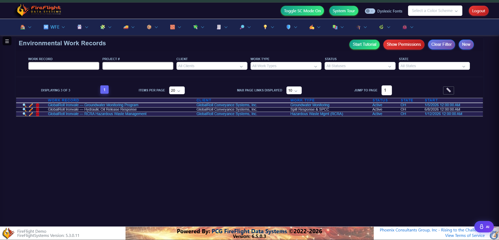 FireFlight list of environmental work records for a single client