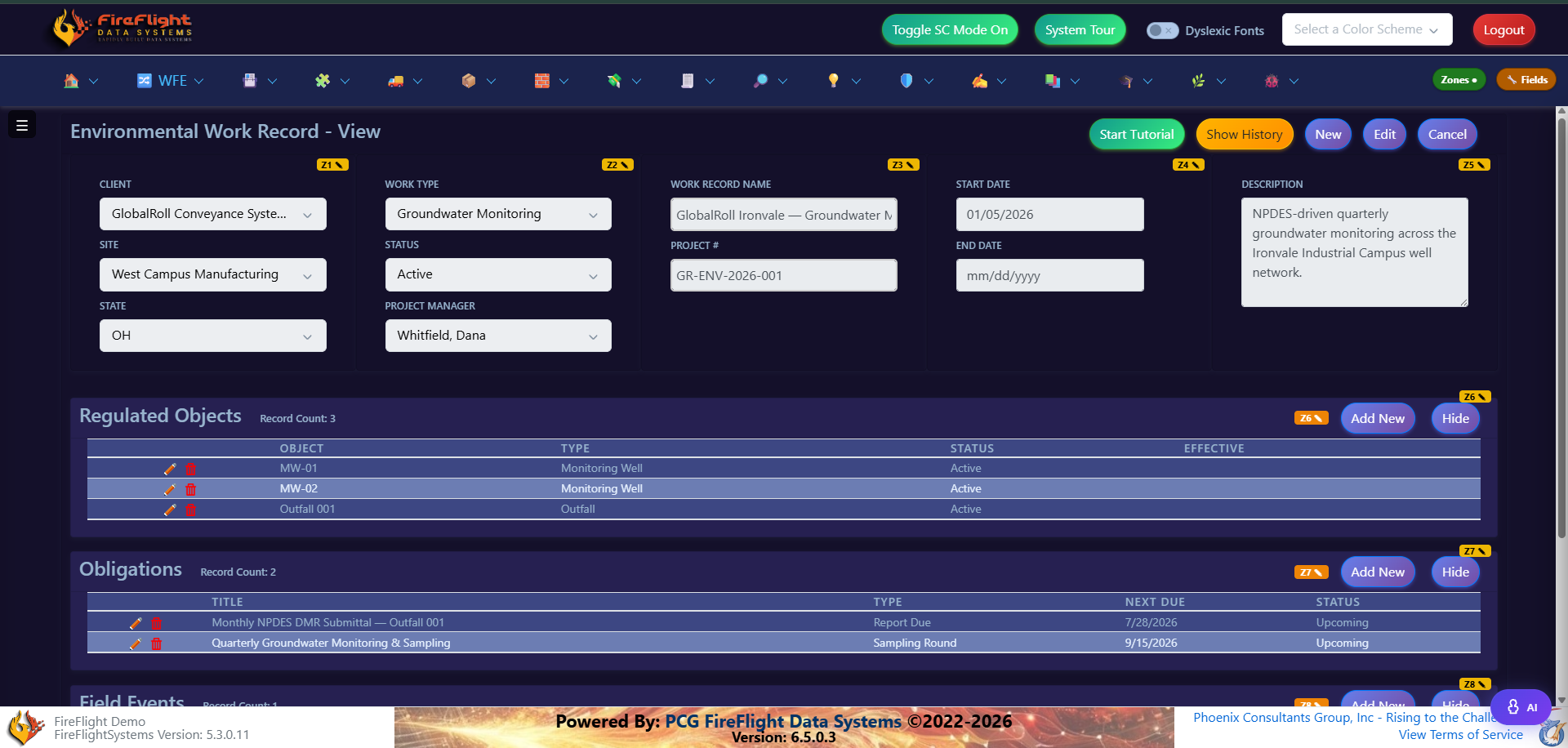 FireFlight work record detail showing regulated objects, obligations, and field events