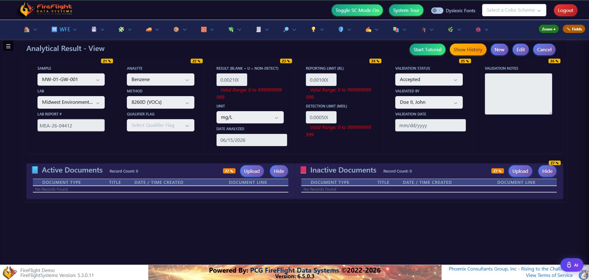 FireFlight single analytical result detail showing reporting limits and validation status