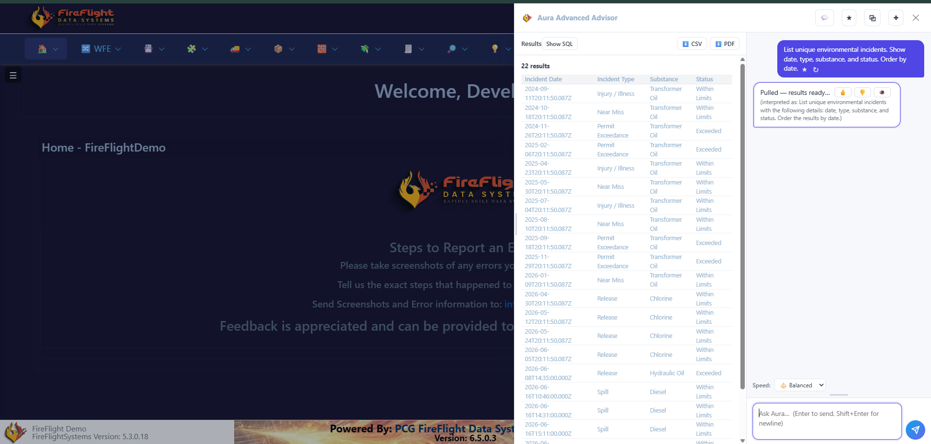 FireFlight Advisor query listing environmental incidents with date, type, and status
