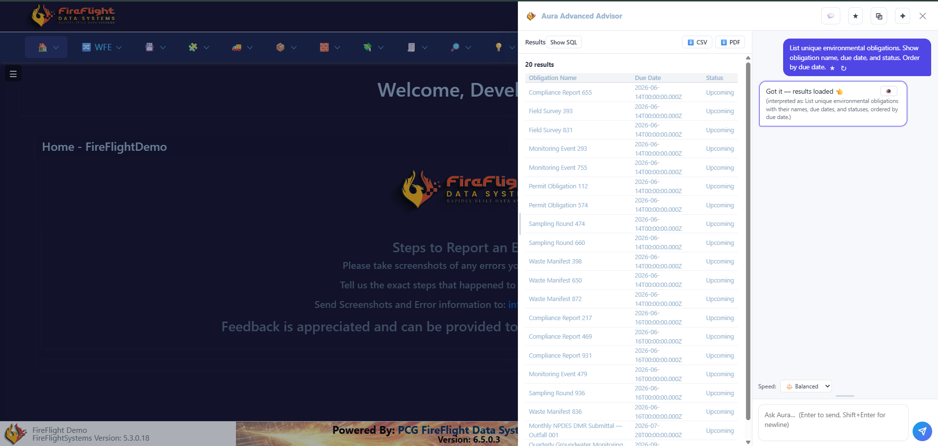 FireFlight Advisor query listing environmental obligations with names, due dates, and status