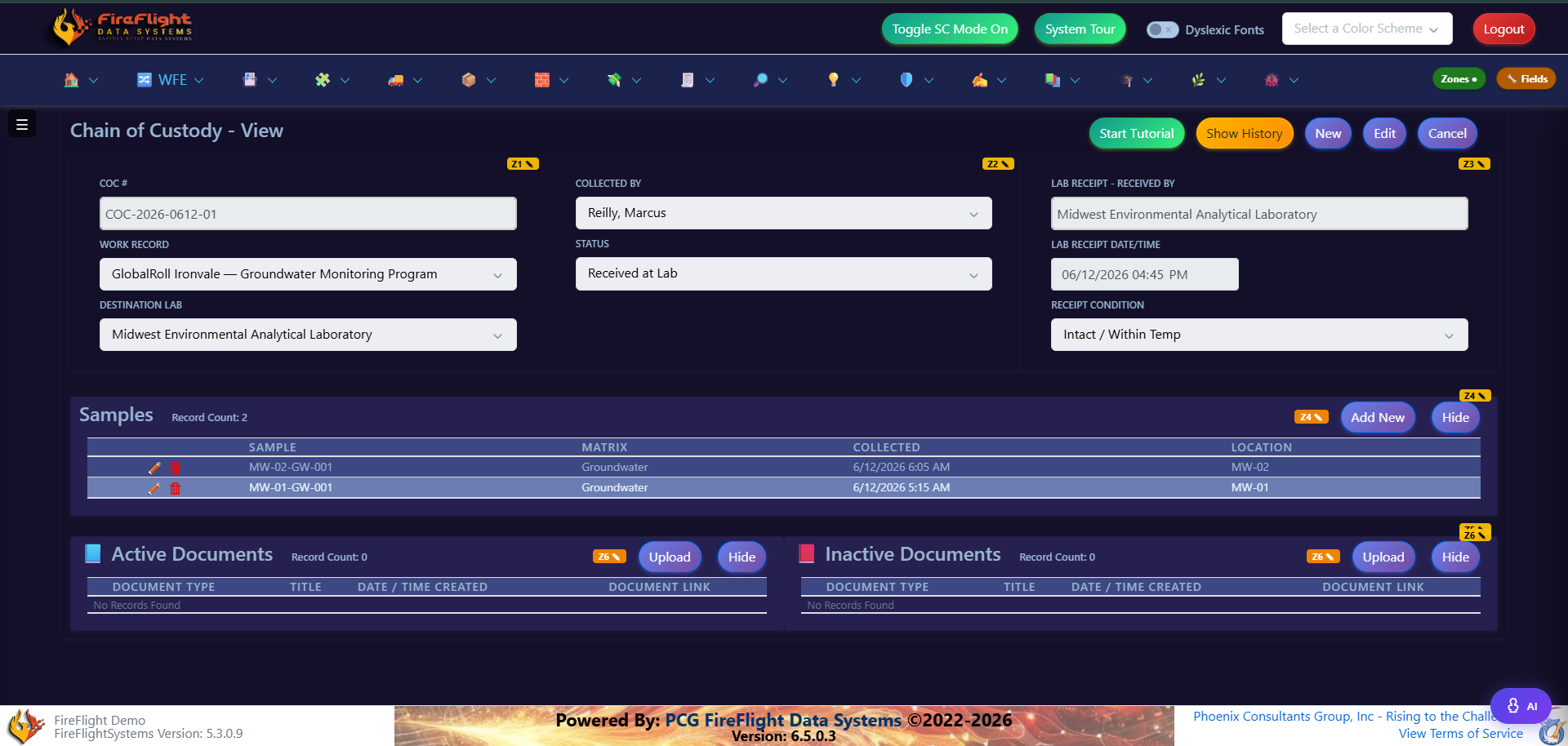 FireFlight Chain of Custody record showing the work record, receiving lab, status, and collector