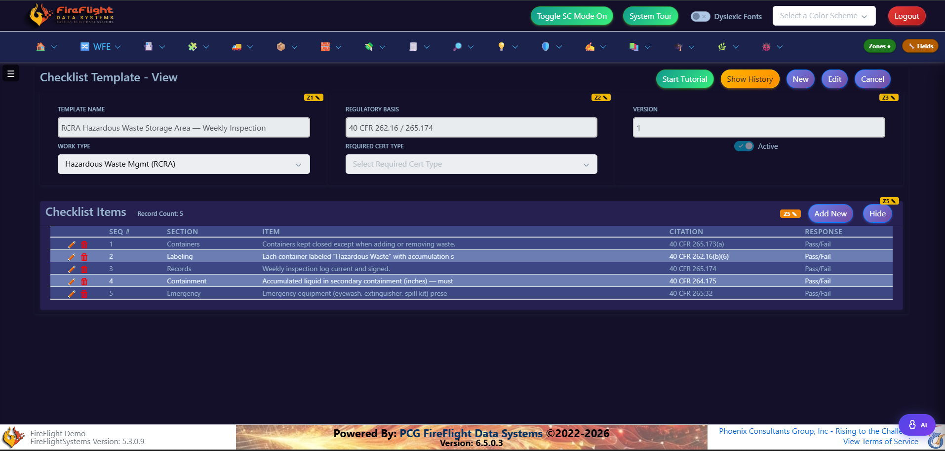 FireFlight Checklist Template showing inspection items grouped by section with regulatory basis and pass or fail response