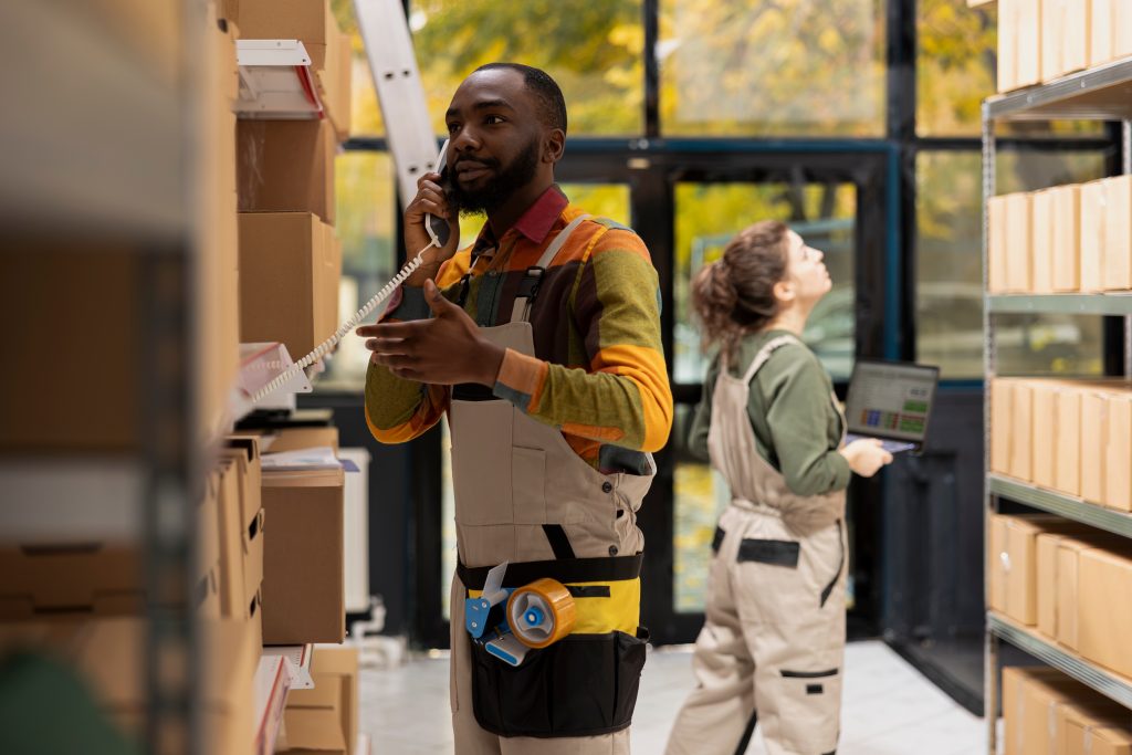 Warehouse worker on phone coordinating inventory discrepancy with another team member checking laptop