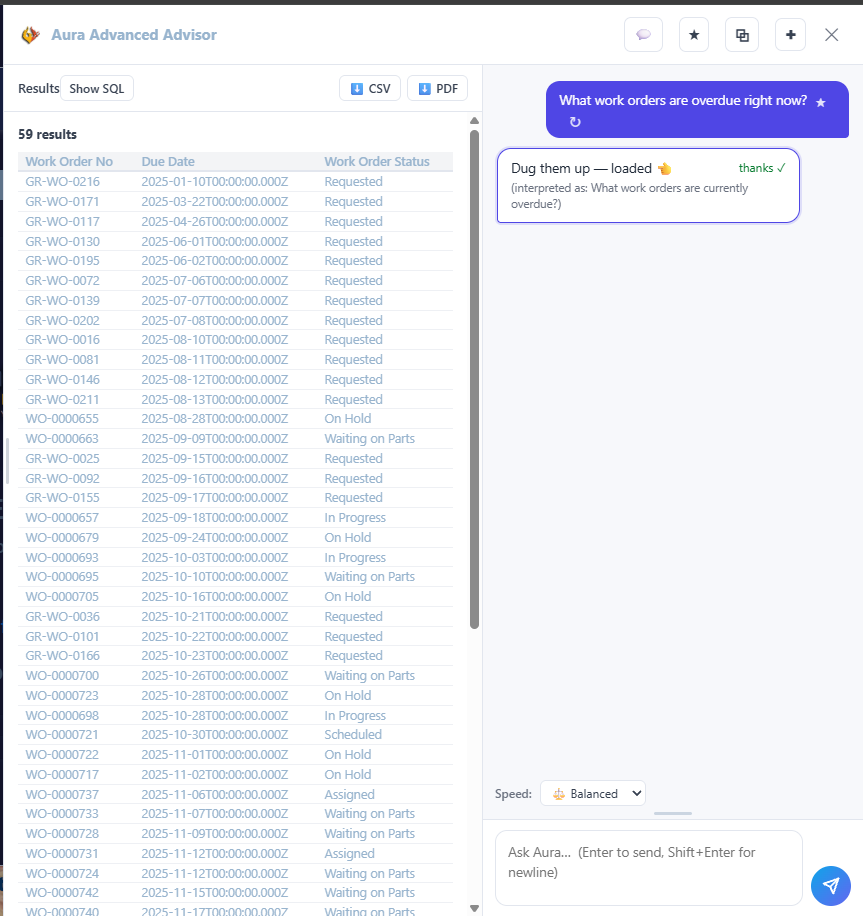 FireFlight plain-English query returning work orders that are overdue