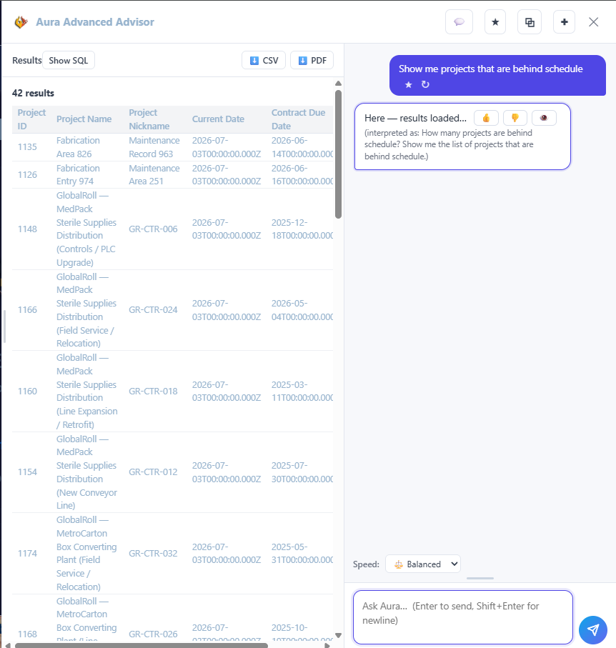 FireFlight plain-English query returning projects that are behind schedule
