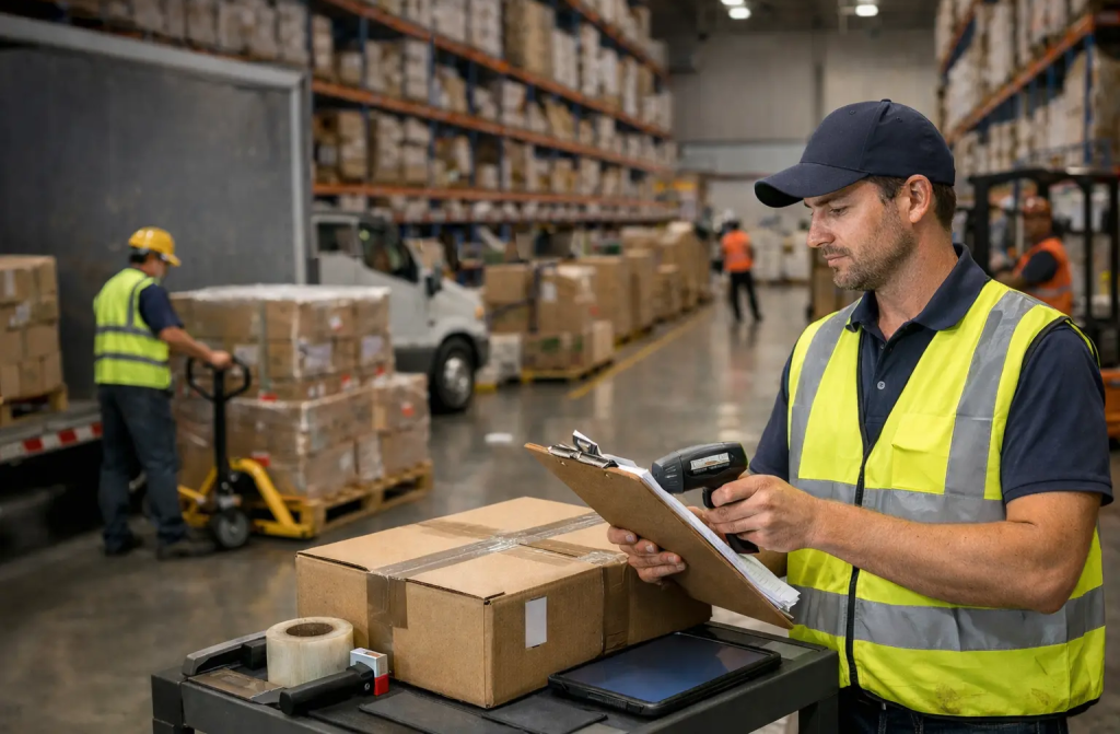 A warehouse worker using a handheld scanner and holding a clipboard to document incoming inventory and track supplier delivery errors.