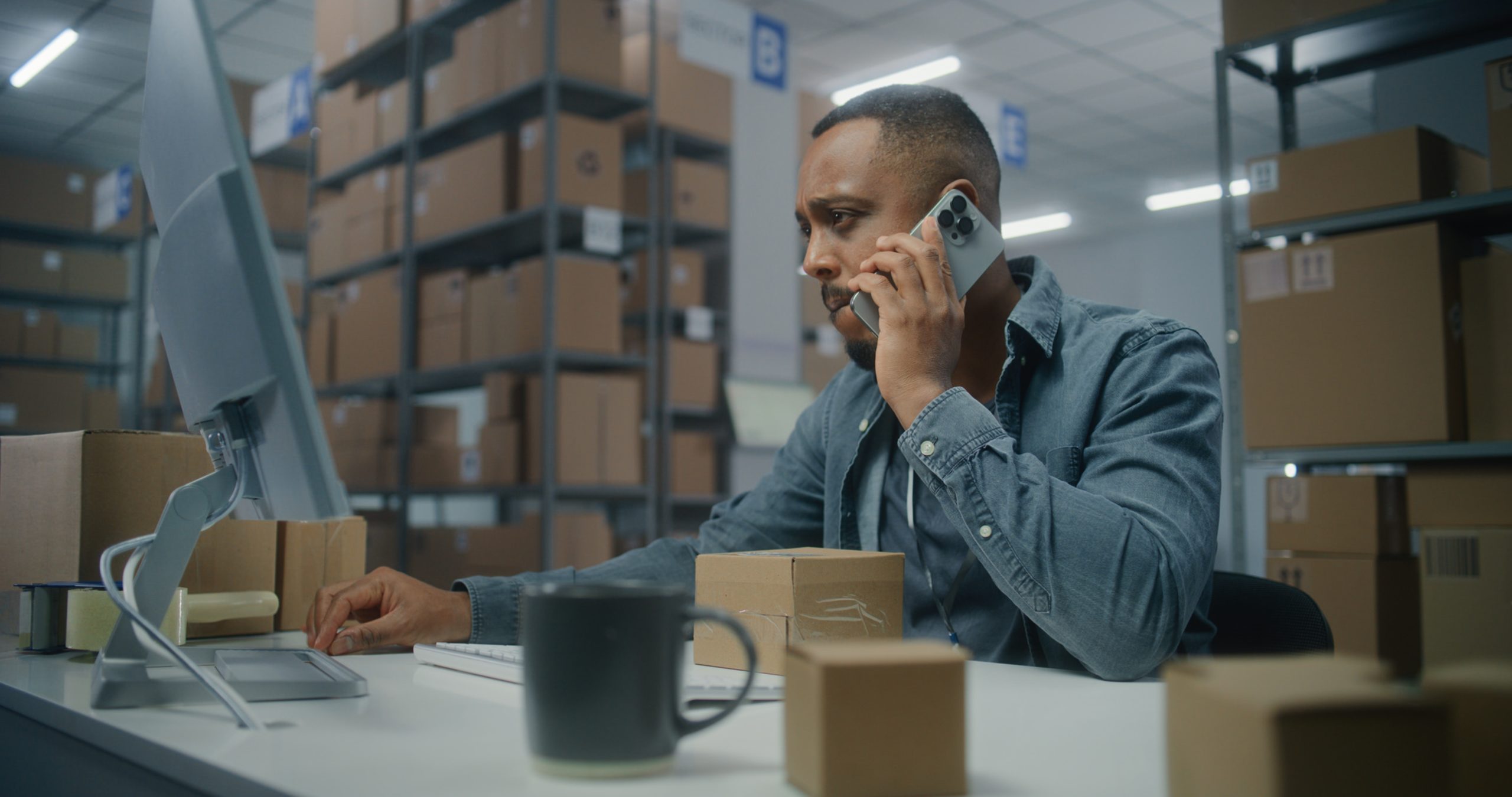 A warehouse worker talking on the phone while using a computer to manage warehouse returns and reverse logistics operations.
